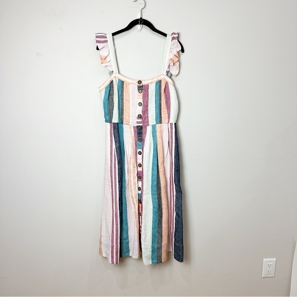Jcrew Linen Stripe Midi Dress Button Up Ruffle Shoulder - Picture 3 of 9